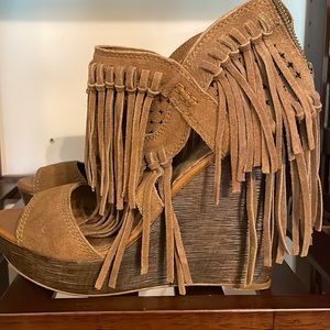Never Worn Naughty Monkey Brown Suede Fringe Wedges - Size 10